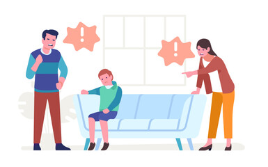 Parents of rapists shouting at frightened little son. Family quarrel. Angry man and woman screaming at upset child. Unhappy kid. Mother and father abuse with teenager. Vector concept