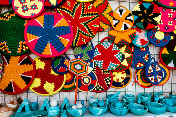 Colorful Handmade Fabrics. Variety of Traditional Egyptian Souvenir. Oriental Bazaar at Nubian...