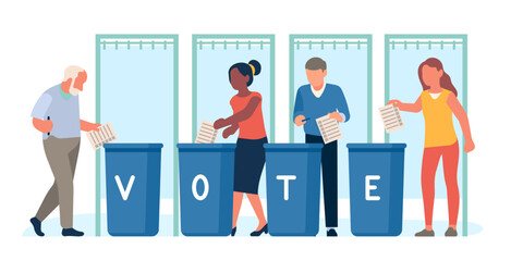 People put ballots in boxes. Citizens elect president. Political candidate choice. Confidential vote. Voting questionnaire. Balloting container. Presidential election. Vector concept