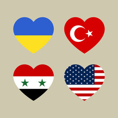 Symbol of the national flags of Ukraine, Turkey, America and Syria. Heart shaped graphic design concept.