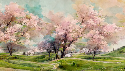 Colorful wet watercolor spring landscape with single lush blooming pink sakura cherry tree. Generative Ai
