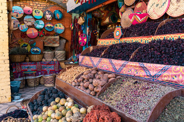 Egiptian Spices and Herbs at Traditional Arab Oriental Bazaar at Nubian Village. Aswan. Egypt....