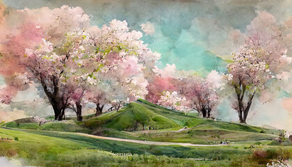 Blooming spring background in watercolor style. Generative Ai