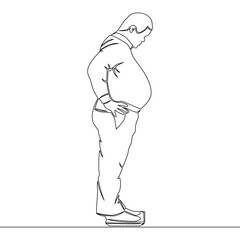 Continuous line drawing Big Fat guy on scales Thick man fatso icon vector illustration concept
