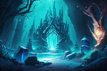 Enchanted fairy forest with gemstones minerals and magic crystals. Concept art ai generative
