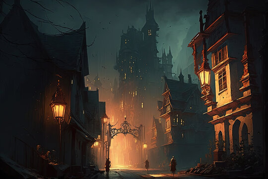 Fantasy concept art with medieval town. AI Generative illustration