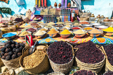 Variety of Spices and Arab Herbs at Traditional Oriental Bazaar at Nubian Village. Aswan. Egypt....