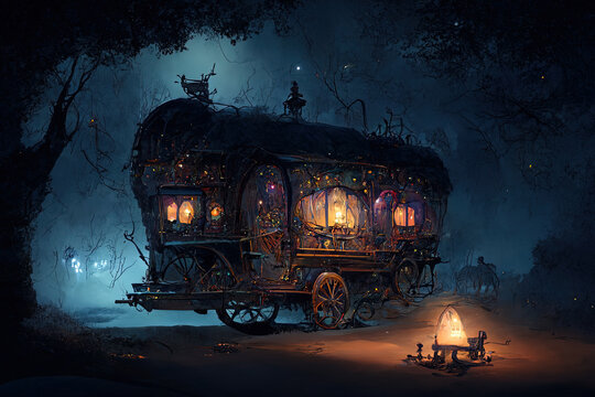 Wooden, tiny home on wheels. Fantasy AI Generative illustration