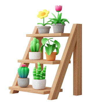 Cute cartoon style flower pots plant many kinds of plants Place it on a wooden shelf for a garden decoration set on transparent background 3d render illustration