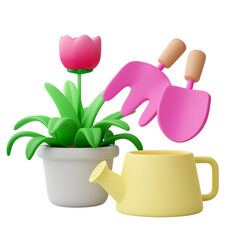 Flowerpot with blooming pink flowers Cute cartoon style with colorful gardening tools 3d render illustration with transparent background
