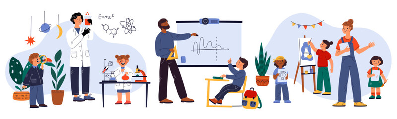 Teachers with students. Different school subjects. Professionals teach chemistry and physics. Fine arts class. Children painting pictures or doing chemical experiments. Garish vector set