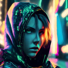 Portrait of Young Girl Wearing Hooded Sweatshirt on Colorful Background. Generative AI
