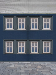 Blaues Haus mit Gehweg