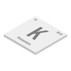Potassium, K, gray 3D isometric illustration of periodic table element with name, symbol, atomic number and weight. Alkali metal with various industrial uses, such as in fertilizer, soap, and as a
