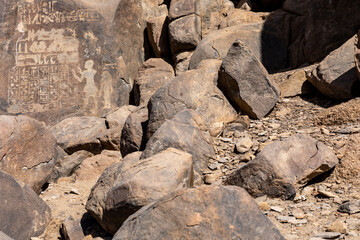 Ancient Egyptian Hieroglyphs. Aswan's Seheil Island, Most Known for the Famine Stele Carving. Aswan. Egipt. Africa. 