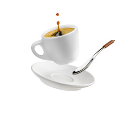 Cup of coffee with a splash drop fly with saucer and spoon on transparent background - 573567992