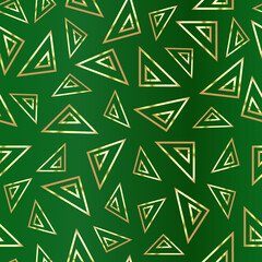 Golden triangles on a green background. Green abstract drawing. Duplicate abstract seamless pattern