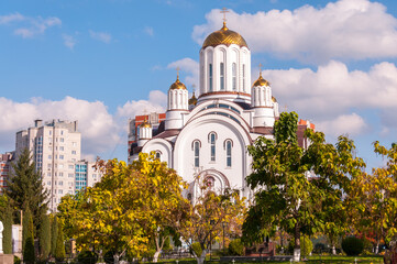 Voronezh, Russia, October 3, 2022: The Church of Blessed Xenia of St. Petersburg in autumn