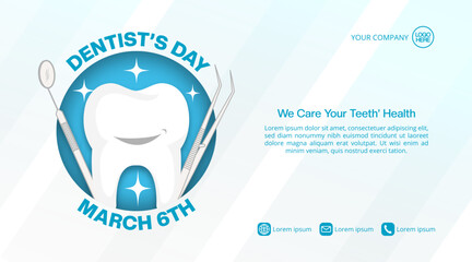 World dentist's day background with a tooth and blue light