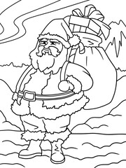 Santa Claus with a bag of toys, gifts. Dense forest, children coloring book. Black lines, white background