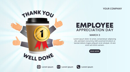 Employee appreciation day background with a cup of coffee and clapping hands of employees
