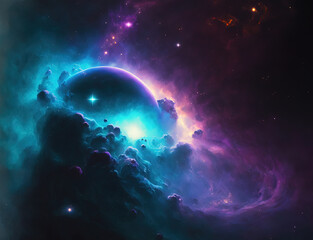 Purple and blue nebula with stars. Fantasy galaxy generative AI background