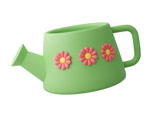 Green watering can cute cartoon style decorated with red flowers 3d render illustration on transparent background