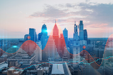 Skyscrapers Cityscape Downtown View, Philadelphia Skyline Buildings. Beautiful Real Estate. Sunset. Forex Financial graph and chart hologram. Business education concept. - obrazy, fototapety, plakaty