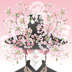 Vector illustration of a woman wearing a Gat, Korea traditional hat decorated with cherry blossom flowers. Design for banner, poster, card, invitation and scrapbook				