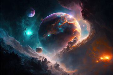 Obraz premium Planets in space. Fantasy galaxy generative AI background