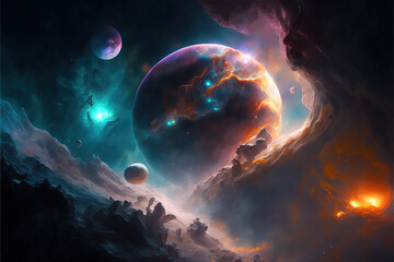 Planets in space. Fantasy galaxy generative AI background