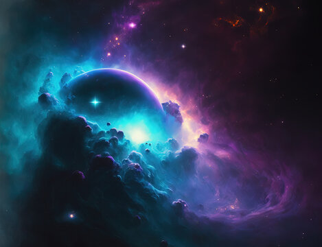 Purple and blue nebula with stars. Fantasy galaxy generative AI background © WhataWin
