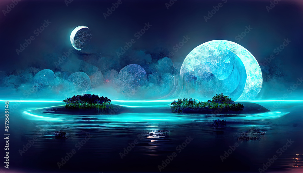 Wall mural modern futuristic fantasy night landscape with abstract islands and night sky. generative ai