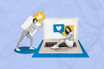 Creative photo collage artwork of two young girls enjoy new dating application service remote...
