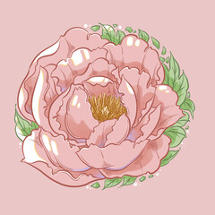 Colorful illustration of the peony flower, circular pattern, digital art.