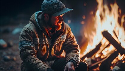 Man sitting by campfire - Contemplating - Realistic Illustration - Generative AI