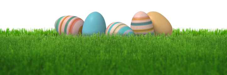 Colorful stripes decorated easter eggs in natural green spring grass lawn isolated
