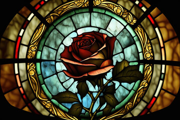 Multicolored stained glass window with irregular random block pattern. Generative illustration