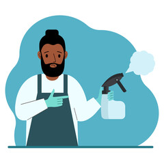 A man in gloves holds a spray bottle with disinfectant liquid, antiseptic or detergent. Home disinfection and hygiene.