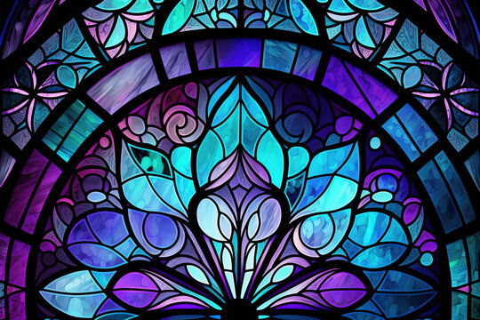 Multicolored stained glass window with irregular random block pattern. Generative illustration