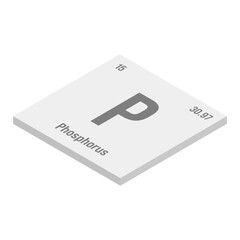 Phosphorus, P, gray 3D isometric illustration of periodic table element with name, symbol, atomic number and weight. Non-metal with various industrial uses, such as in fertilizer, detergents, and as a