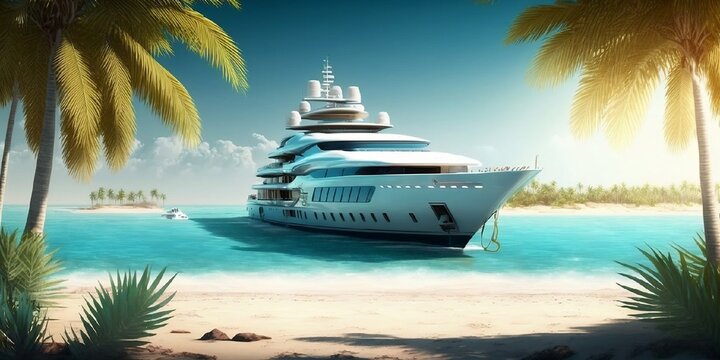 yacht de luxe qui accoste sur une plage paradisiaque avec eaux turquoises et palmiers - illustration ia