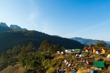 Fototapeta na wymiar Ban Na Lao Mai is the location of a Lishu hill tribe village. Which is open for service as a homestay and a camping ground that comes up to see the view of Doi Luang Chiang Dao