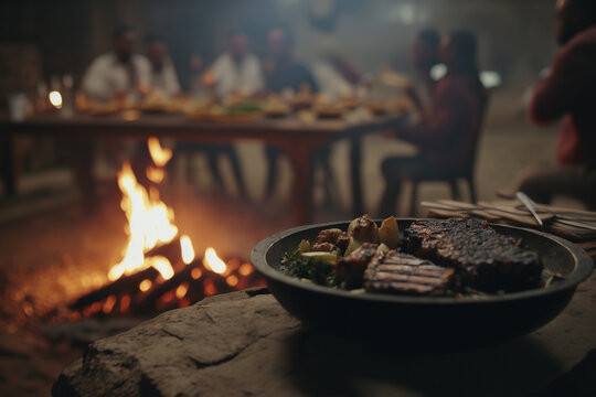 A traditional South African braai (barbecue), with meat sizzling over hot coals and friends and family gathered around the fire, travel photography