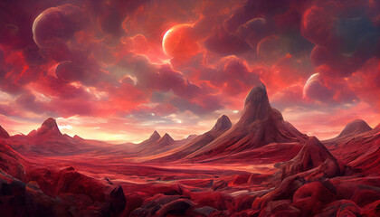 Landscape of an unexplored planet, A fantasy mountain with a hidden cave and a plasma red sky. Generative Ai