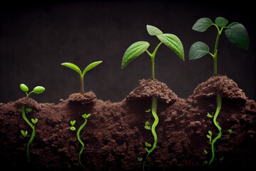 Close Up Of Tiny Green Seedlings Sprouting In The Ground Forming A Graph With Different Stages Of Growth. Generative AI
