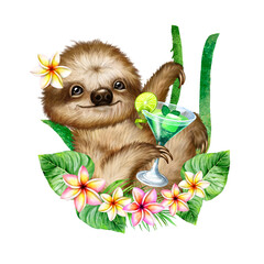Sloth watercolor illustration, animal sloth, funny sloth on a vine with a cocktail glass, flowers, leaves, liana, sloth