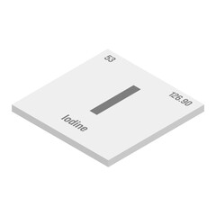 Iodine, I, gray 3D isometric illustration of periodic table element with name, symbol, atomic number and weight. Halogen with various industrial uses, such as in medicine, photography, and as a