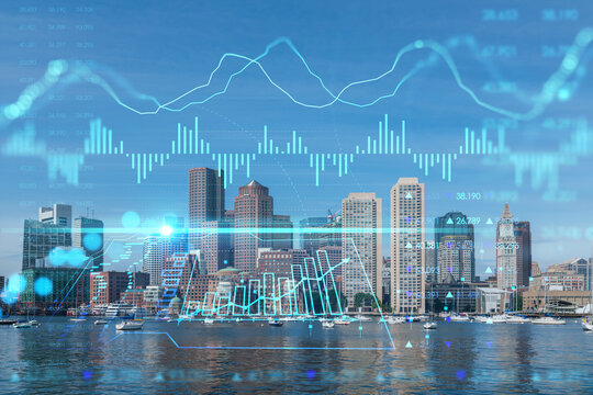 Panorama city view of Boston Harbor at day time, Massachusetts. Building exteriors of financial downtown. Glowing FOREX graph hologram. The concept of international trading and fundamental analysis