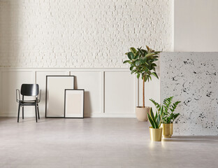 White classic and brick wall background concept, interior room, vase of green plant, black chair,...